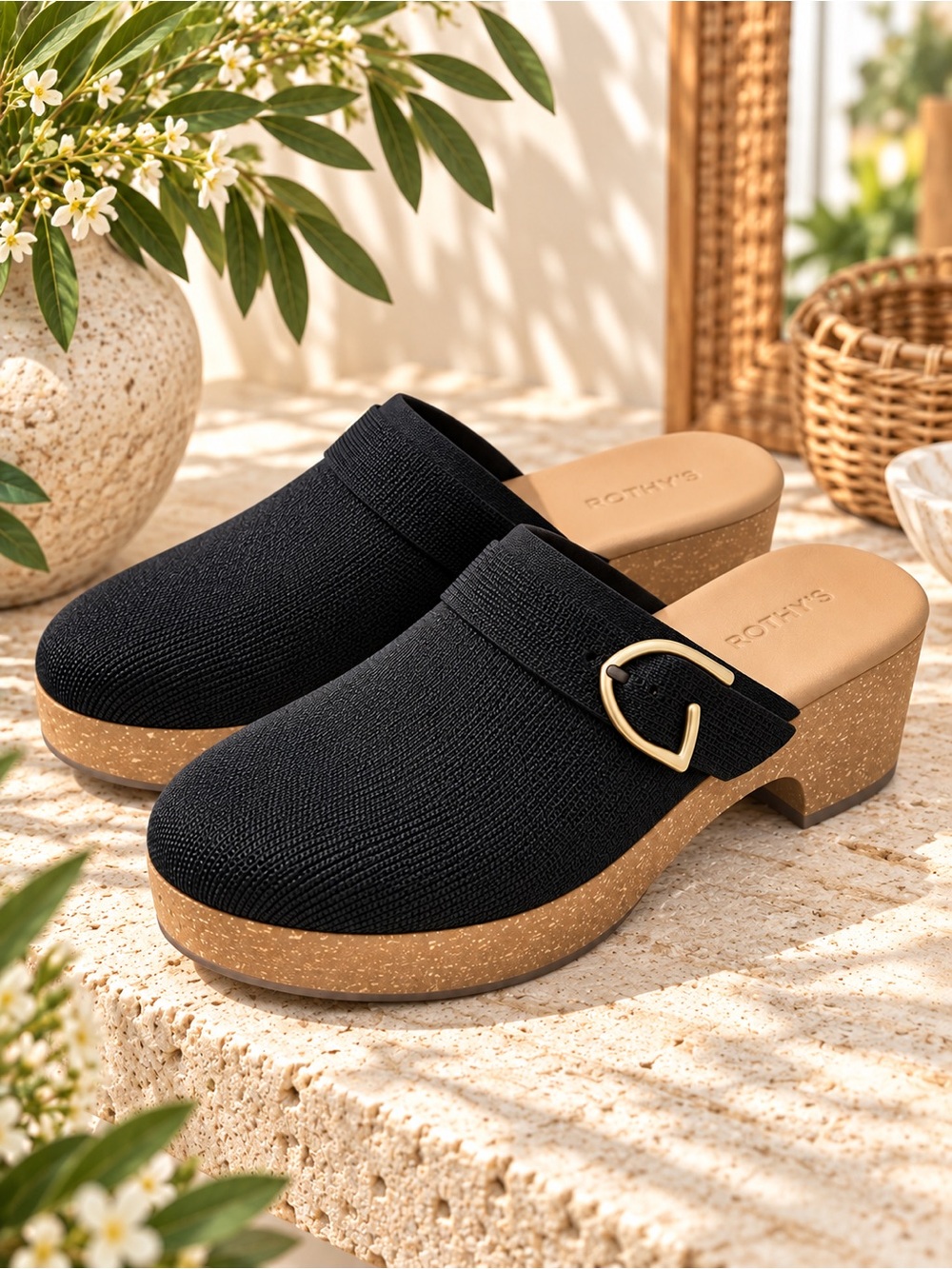 Rothy’s The Classic Clog Black Knit Buckle Clogs Size 9 NWOB old money #26